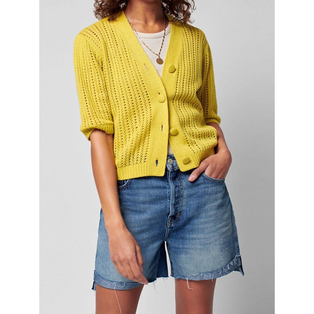 NWT Faherty Acklin Sweater Top Limeaid Yellow Pointelle Cardigan Womens Size M